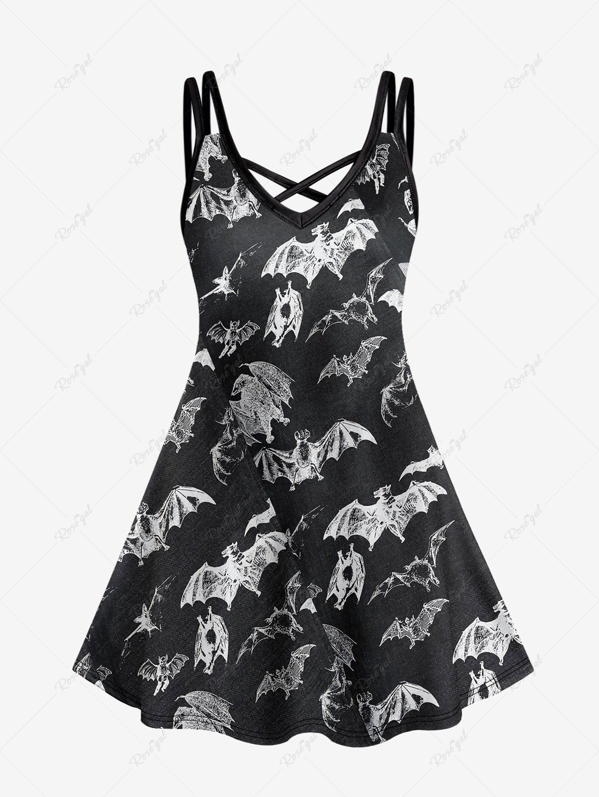 Affordable Gothic Crisscross Detail Bat Print Sleeveless Dress  