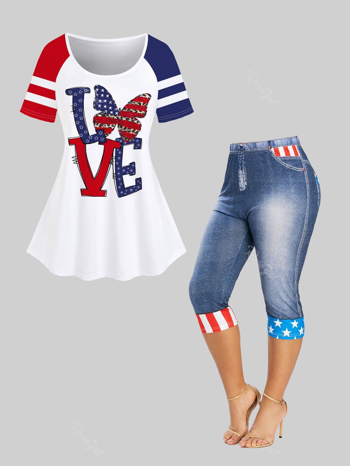 Outfits Patriotic Butterfly LOVE American Flag Print Raglan Sleeve T-shirt and Capri Jeggings Plus Size Outfits  