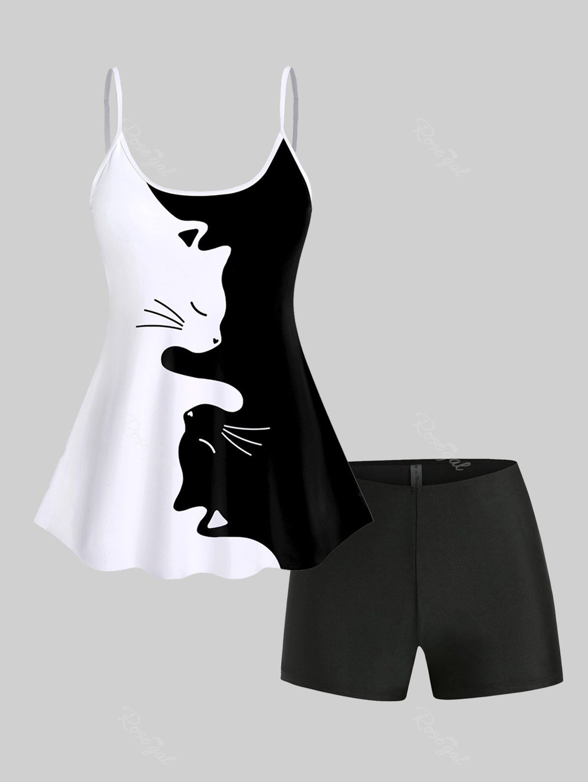 Sale Cat Print Two Tone Padded Tankini Top and Boyshorts Modest Tankini Swimsuit  