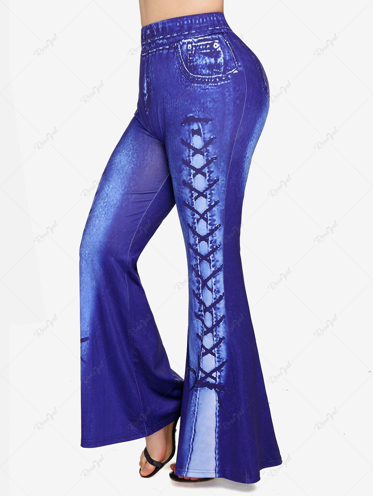 Pantalon Evasé Imprimé avec Poche de Grande Taille en Denim à Lacets Bleu M | US 10