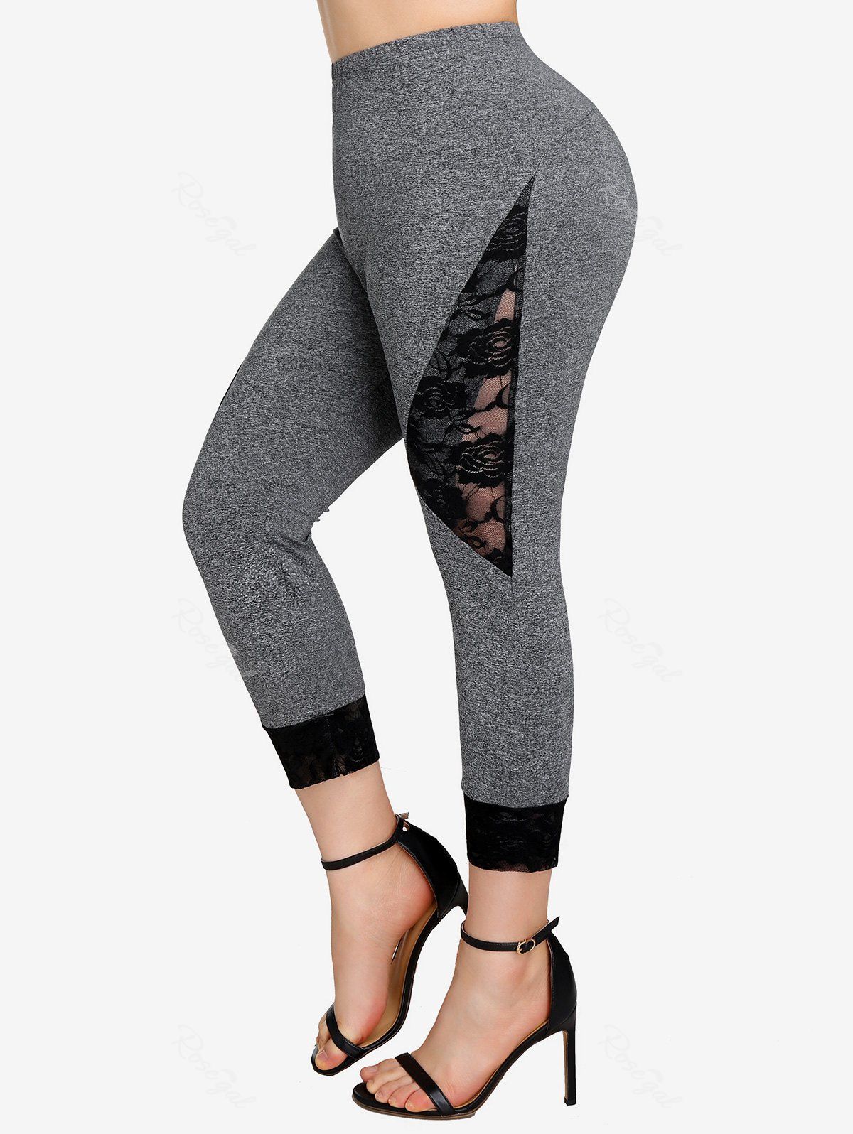 Legging Court Panneau en Dentelle de Grande Taille Gris Foncé 4X