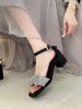 Wide Feet Sparkly Ruched Detail Chunky Heel Ankle Strap Sandals -  