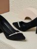 Wide Feet Faux Pearl Chunky Heel Suede Pumps - Noir EU 40