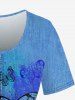 Plus Size 3D Butterfly Print Jeans Button Round Neck T-Shirt -  