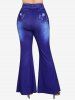 Pantalon Evasé Imprimé avec Poche de Grande Taille en Denim à Lacets - Bleu M | US 10