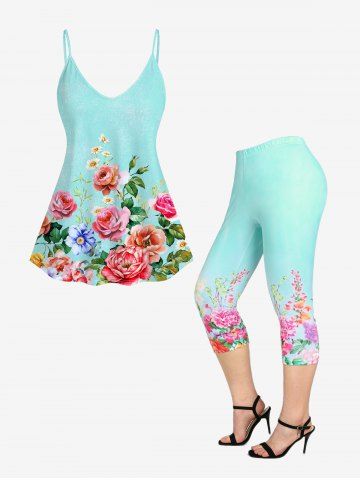Bloom Flower Print Cami Top and Capri Leggings Plus Size Outfits - GREEN