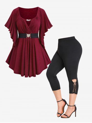 Chain Panel Butterfly Sleeve Surplice Top and Hollow Out Skinny Leggings Plus Size Outfit - Deep Red