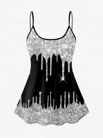 3D Sparkling Sequin Glitter Print Open Back Strap Tankini Top - BLACK - XS