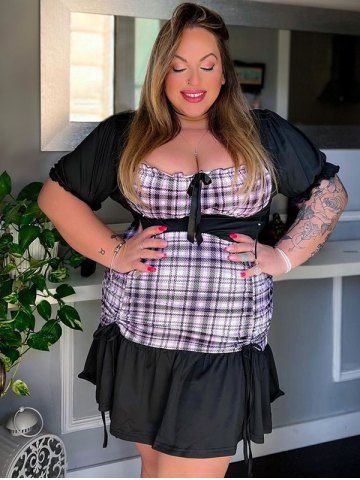 Plus Size Plaid Panel Bowknot Cinched Ruched Bodycon Dress - BLACK - 2X | US 18-20