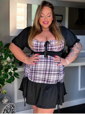 Plus Size Plaid Panel Bowknot Cinched Ruched Bodycon Dress - BLACK - 5X | US 30-32