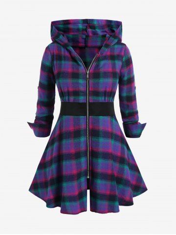 Plus Size Hooded Full Zipper Plaid Trench Coat