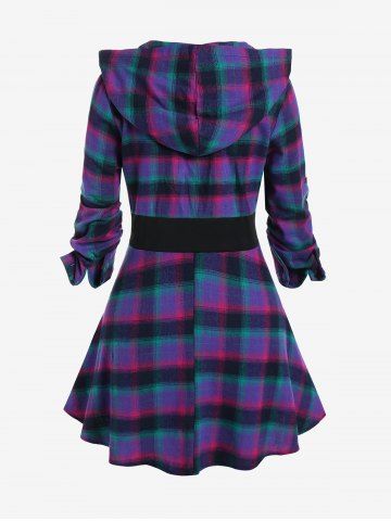 Plus Size Hooded Full Zipper Plaid Trench Coat
