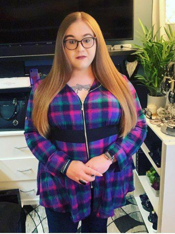 Plus Size Hooded Full Zipper Plaid Trench Coat