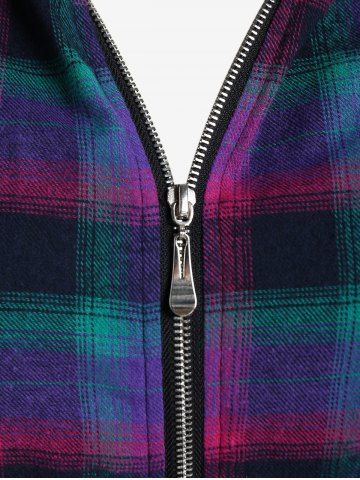 Plus Size Hooded Full Zipper Plaid Trench Coat