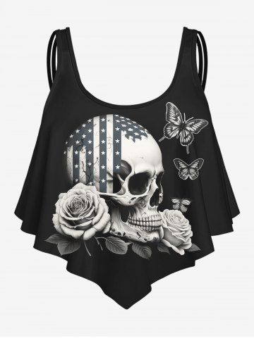 Gothic 3D Skull Butterfly Rose American Flag Print Strap Tankini Top