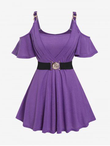 Plus Size Ruched Belted Chains Cold Shoulder Short Sleeve T-Shirt