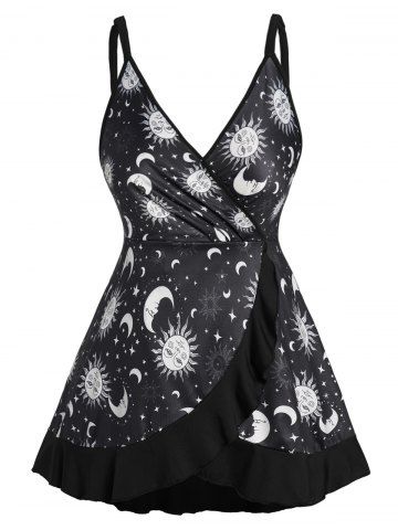 Plus Size & Curve Sun Moon Star Celestial Print Ruffle Asymmetrical Tank Top - BLACK - L