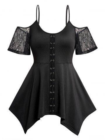 Plus Size Crisscross Cold Shoulder Lace Panel Asymmetrical Hem Plain Color T Shirt - BLACK - 3X