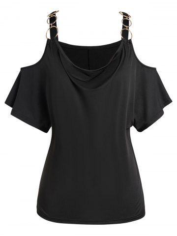 Plus Size Plain Color O Ring Draped Cold Shoulder T Shirt - BLACK - 3X