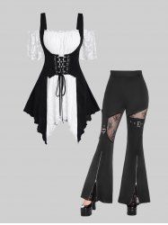 Gothic Lace Panel Two Tone Lace-up Cold Shoulder Top and Lace Panel Buckle Zip Print Flare Pants Outfit -  