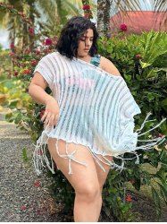 Plus Size Off The Shoulder Fringe Beach Cover Up Top -  