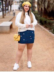 Plus Size Daisy Embroidered Mini Bodycon Denim Skirt -  