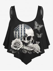 Gothic 3D Skull Butterfly Rose American Flag Print Strap Tankini Top -  