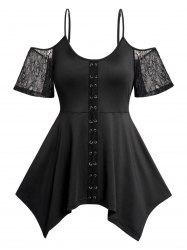 Plus Size Crisscross Cold Shoulder Lace Panel Asymmetrical Hem Plain Color T Shirt -  