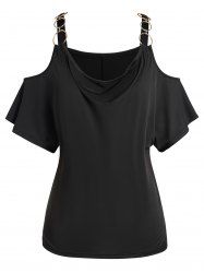 Plus Size Plain Color O Ring Draped Cold Shoulder T Shirt -  