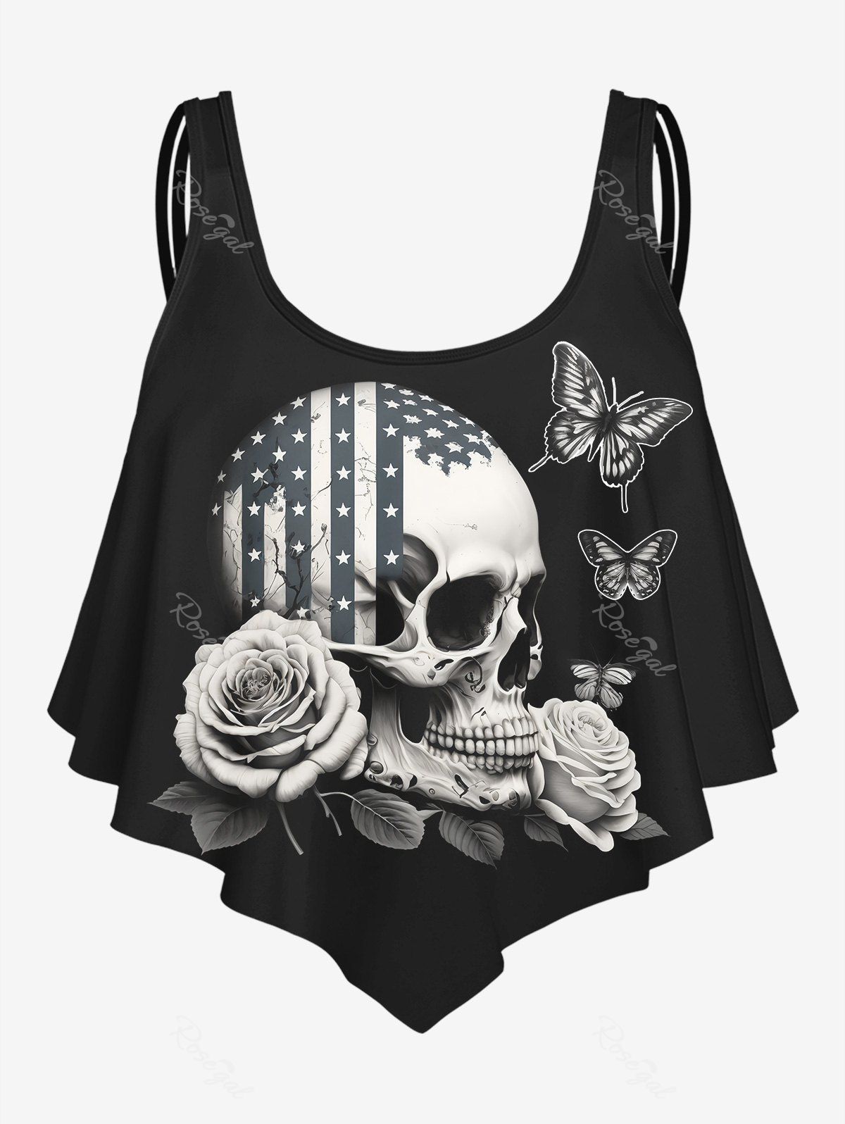 Hot Gothic 3D Skull Butterfly Rose American Flag Print Strap Tankini Top  