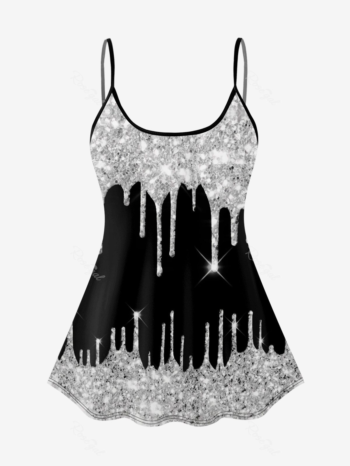 Outfit 3D Sparkling Sequin Glitter Print Open Back Strap Tankini Top  