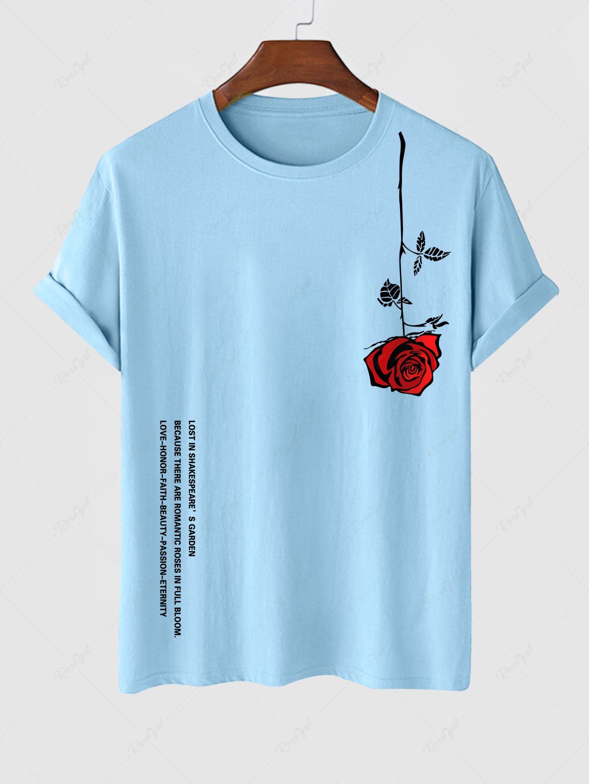 Buy Men's Letter Rose Graphic Printed Short Sleeve Round Neck Summer Casual T-shirt  