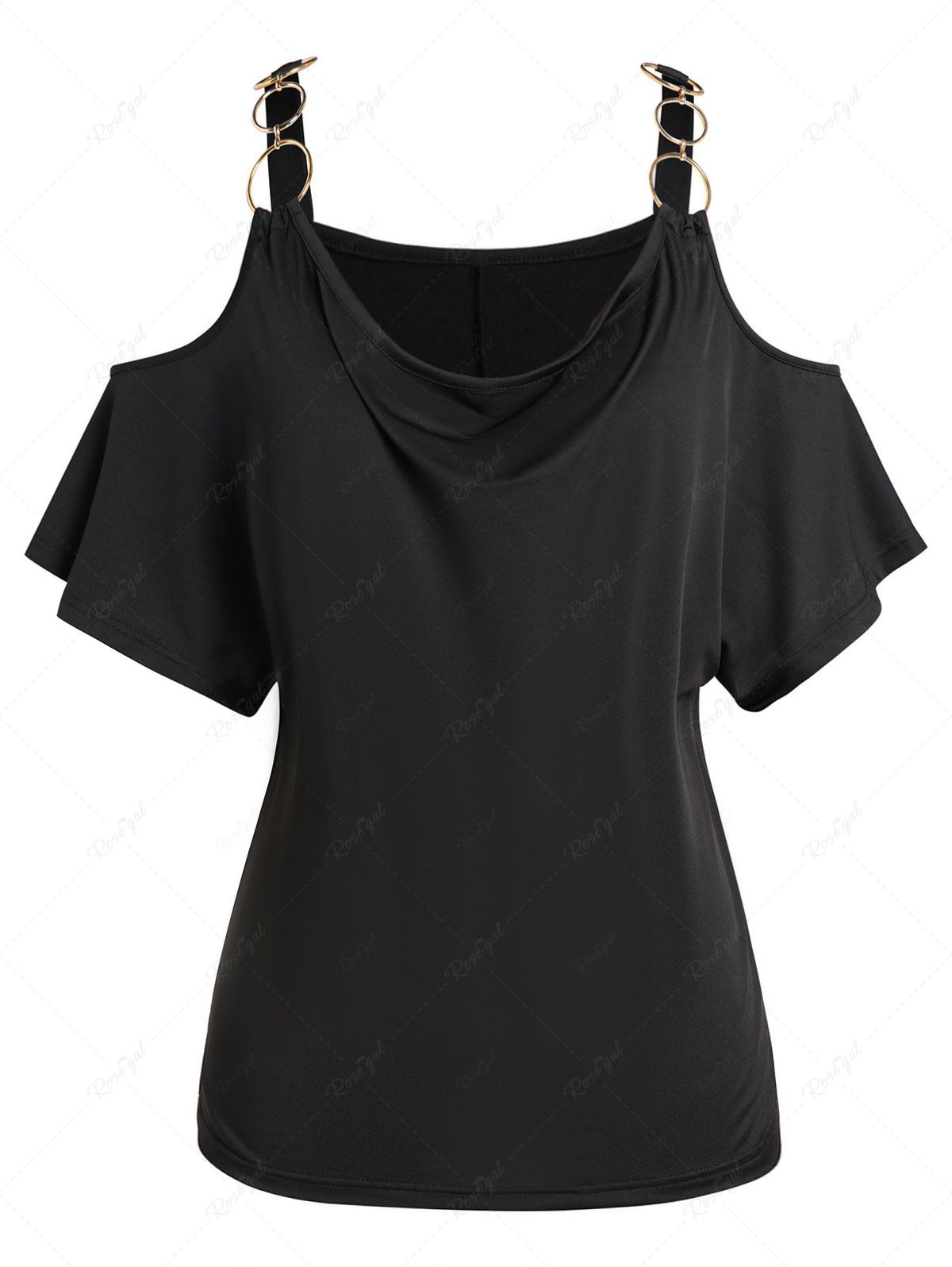 Outfit Plus Size Plain Color O Ring Draped Cold Shoulder T Shirt  