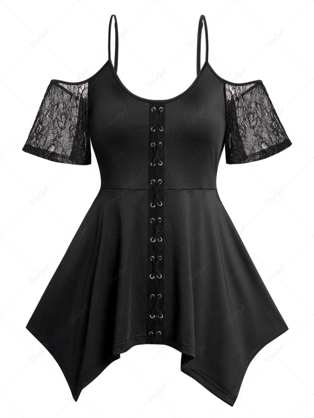 Sale Plus Size Crisscross Cold Shoulder Lace Panel Asymmetrical Hem Plain Color T Shirt  