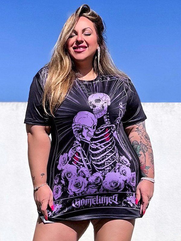 T-shirt Gothique Rose Squelette Graphique Noir XL