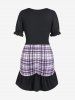 Plus Size Plaid Panel Bowknot Cinched Ruched Bodycon Dress -  