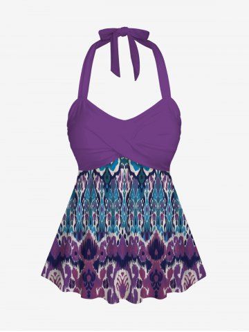 Halter Backless Twisted Ink Painted Colorblock Print Waist Modest Tankini Top - PURPLE - XS