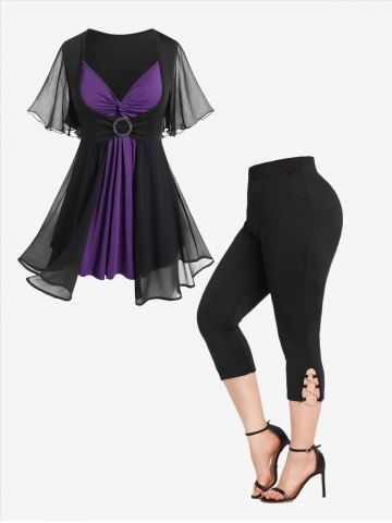 Flutter Sleeves Twist Colorblock Twofer Tee and O-rings Pockets Capri Plus Size Outfit - PURPLE