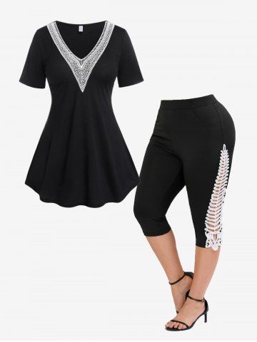 Leggings Capri Monocromático de Panel de Encaje de Talla Extra - BLACK