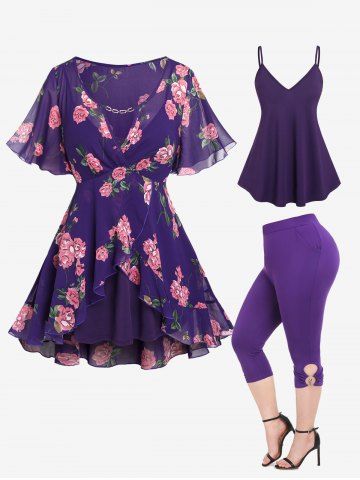 Camisole and Floral Ruffles Chain Decor Semi-sheer Chiffon Blouse and Capri Pants Plus Size Outfits - PURPLE