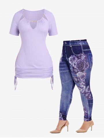 Keyhole Ribbed Chains Cinched Raglan Sleeves Tee and 3D Flower Jeggings Plus Size Summer Outfit - LIGHT PURPLE