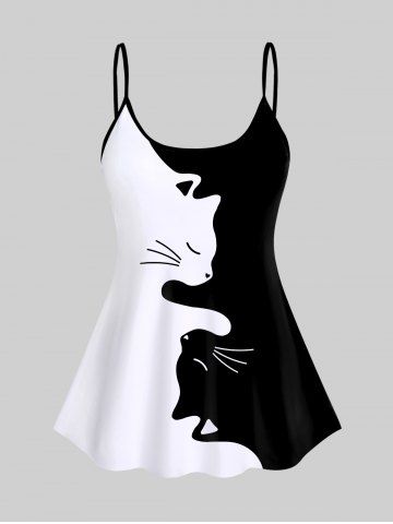 Cat Print Two Tone Padded Tankini Top - BLACK - 3X