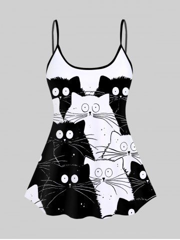 3D Black White Cat Print Backless Spaghetti Strap Tankini Top - BLACK - XS