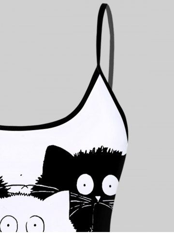 3D Black White Cat Print Backless Spaghetti Strap Tankini Top