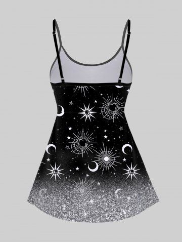 3D Sparkling Sequin Glitter Sun Moon Star Print Backless Spaghetti Strap Tankini Top