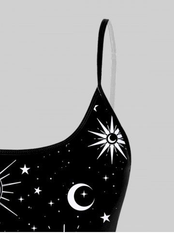 3D Sparkling Sequin Glitter Sun Moon Star Print Backless Spaghetti Strap Tankini Top