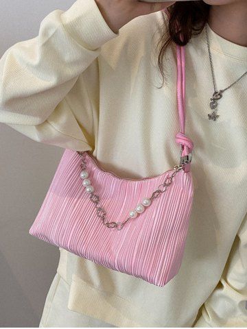 Faux Pearl Chain Decor Textured Shoulder Bag