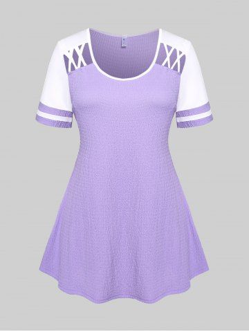 T-shirt Texturé Croisé Découpé Bicolore de Grande Taille - LIGHT PURPLE - 4X | US 26-28