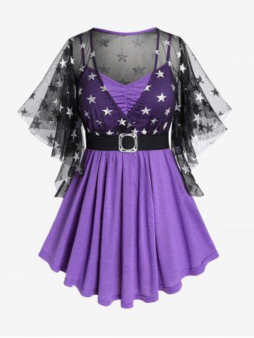 Plus Size Star Sheer Mesh Panel Butterfly Sleeves 2 in 1 Tee with Belt