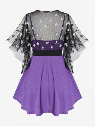 Plus Size Star Sheer Mesh Panel Butterfly Sleeves 2 in 1 Tee with Belt